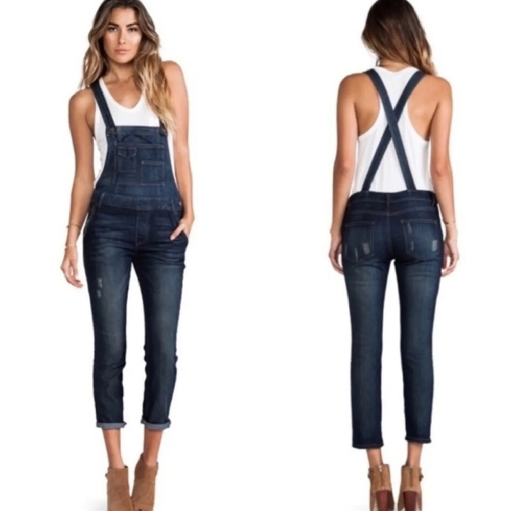 Free People Dark Denim Distressed Skinny Jean Overalls 28